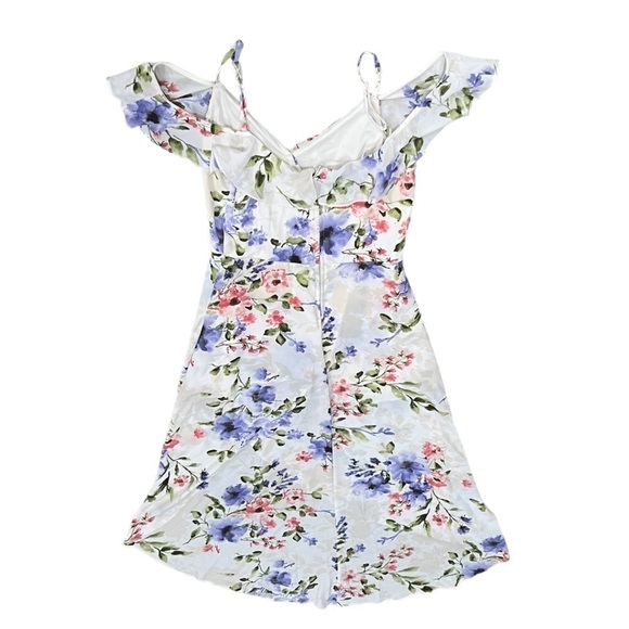 iZ Byer White High Purple Low Peep Shoulder Floral Swing Dress Size 7 Women’s - Picture 3 of 7